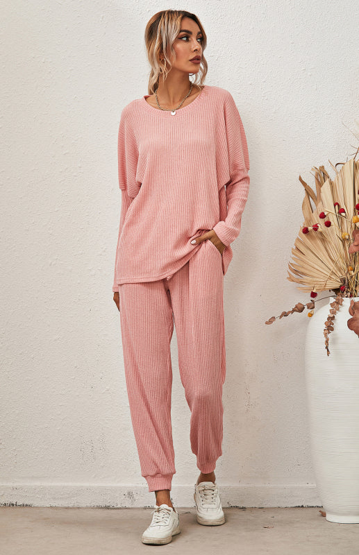 Lounge Set- Ribbed Loungewear Set Pants + Crew Neck Long Sleeve Sweater- - Pekosa Women Clothing