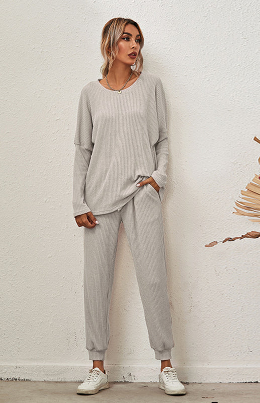 Lounge Set- Ribbed Loungewear Set Pants + Crew Neck Long Sleeve Sweater- - Pekosa Women Clothing