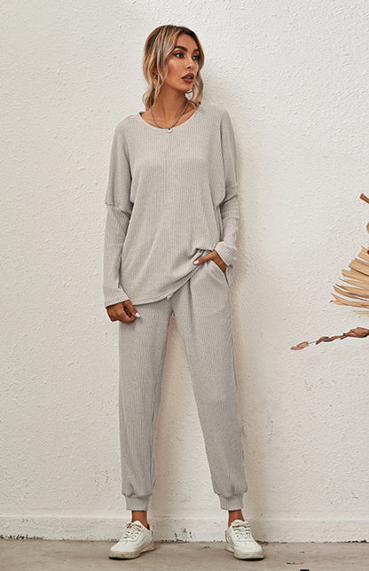 Lounge Set- Ribbed Loungewear Set Pants + Crew Neck Long Sleeve Sweater- - Pekosa Women Clothing