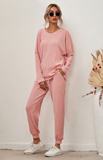 Lounge Set- Ribbed Loungewear Set Pants + Crew Neck Long Sleeve Sweater- - Pekosa Women Clothing