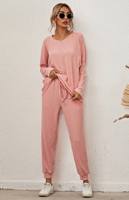 Lounge Set- Ribbed Loungewear Set Pants + Crew Neck Long Sleeve Sweater- Pink- Pekosa Women Clothing