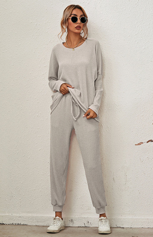 Lounge Set- Ribbed Loungewear Set Pants + Crew Neck Long Sleeve Sweater- - Pekosa Women Clothing