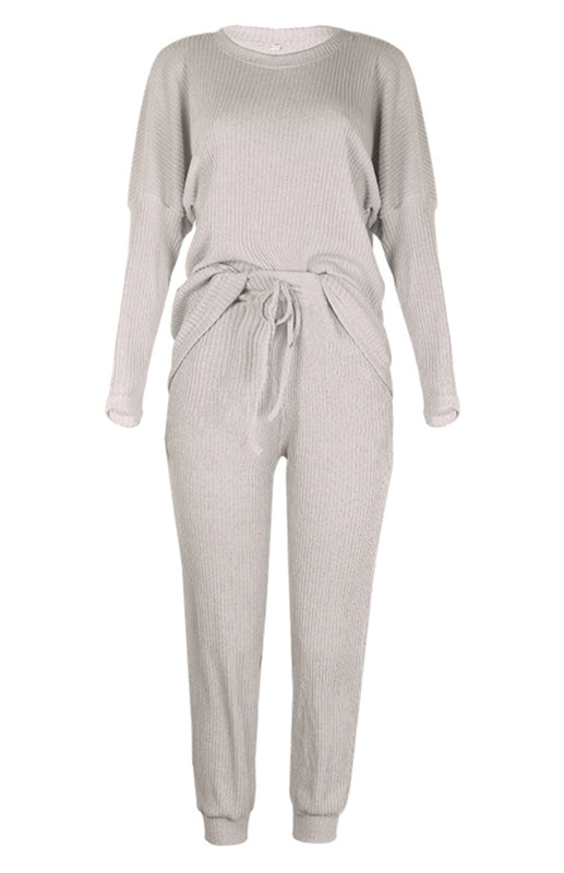 Lounge Set- Ribbed Loungewear Set Pants + Crew Neck Long Sleeve Sweater- - Pekosa Women Clothing