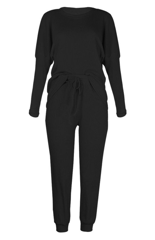 Lounge Set- Ribbed Loungewear Set Pants + Crew Neck Long Sleeve Sweater- - Pekosa Women Clothing