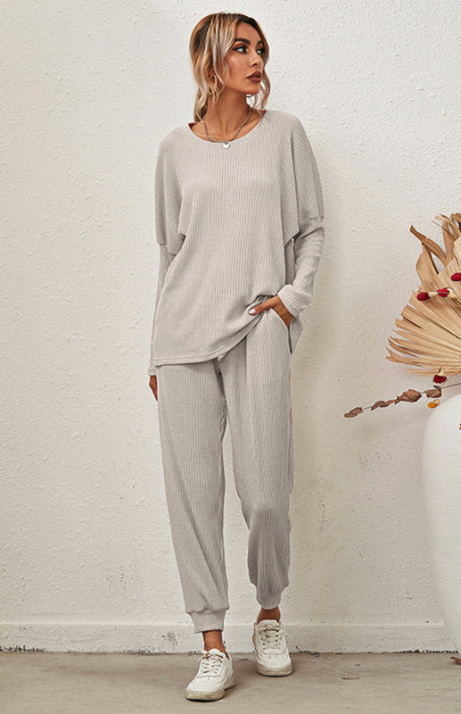 Lounge Set- Ribbed Loungewear Set Pants + Crew Neck Long Sleeve Sweater- - Pekosa Women Clothing