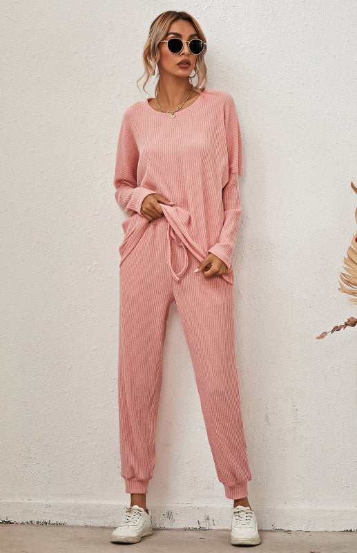 Lounge Set- Ribbed Loungewear Set Pants + Crew Neck Long Sleeve Sweater- - Pekosa Women Clothing