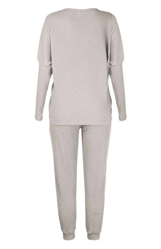 Lounge Set- Ribbed Loungewear Set Pants + Crew Neck Long Sleeve Sweater- - Pekosa Women Clothing