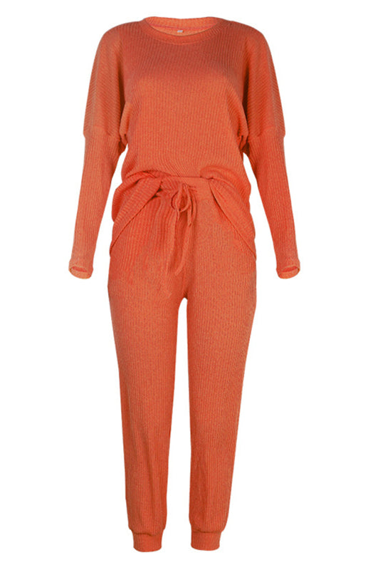 Lounge Set- Ribbed Loungewear Set Pants + Crew Neck Long Sleeve Sweater- - Pekosa Women Clothing