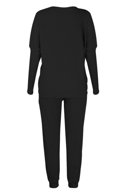 Lounge Set- Ribbed Loungewear Set Pants + Crew Neck Long Sleeve Sweater- - Pekosa Women Clothing