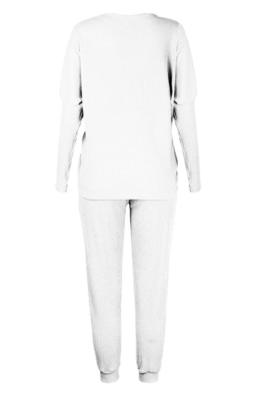 Lounge Set- Ribbed Loungewear Set Pants + Crew Neck Long Sleeve Sweater- - Pekosa Women Clothing