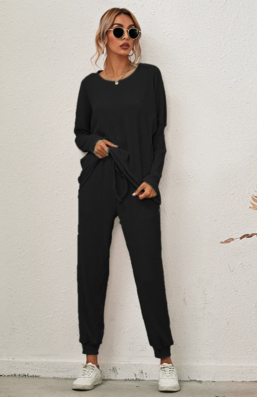 Lounge Set- Ribbed Loungewear Set Pants + Crew Neck Long Sleeve Sweater- - Pekosa Women Clothing