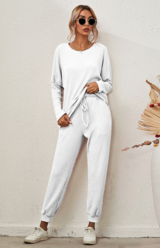 Lounge Set- Ribbed Loungewear Set Pants + Crew Neck Long Sleeve Sweater- - Pekosa Women Clothing