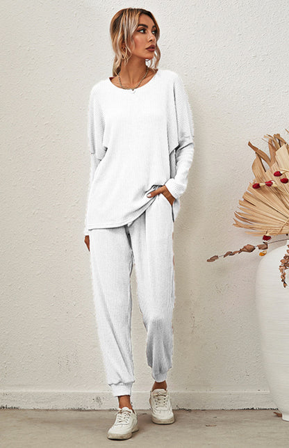 Lounge Set- Ribbed Loungewear Set Pants + Crew Neck Long Sleeve Sweater- - Pekosa Women Clothing