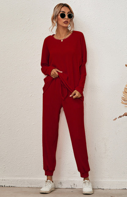 Lounge Set- Ribbed Loungewear Set Pants + Crew Neck Long Sleeve Sweater- Wine Red- Pekosa Women Clothing