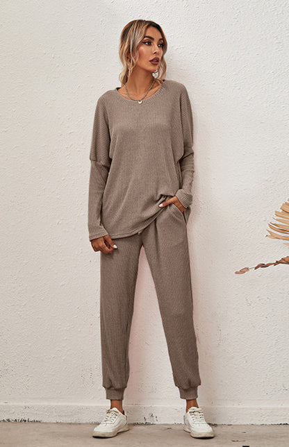 Lounge Set- Ribbed Loungewear Set Pants + Crew Neck Long Sleeve Sweater- - Pekosa Women Clothing