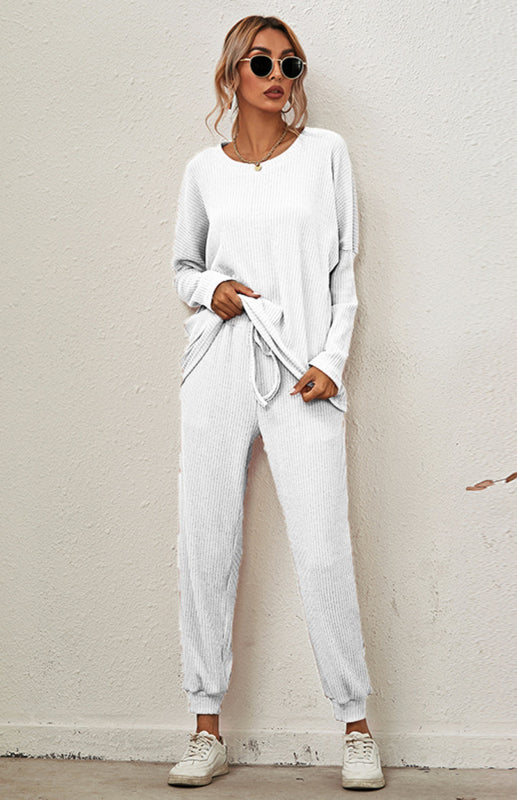 Lounge Set- Ribbed Loungewear Set Pants + Crew Neck Long Sleeve Sweater- - Pekosa Women Clothing