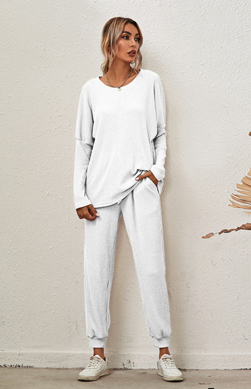 Lounge Set- Ribbed Loungewear Set Pants + Crew Neck Long Sleeve Sweater- - Pekosa Women Clothing