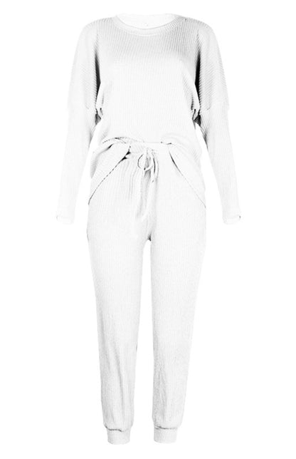 Lounge Set- Ribbed Loungewear Set Pants + Crew Neck Long Sleeve Sweater- - Pekosa Women Clothing