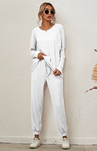 Lounge Set- Ribbed Loungewear Set Pants + Crew Neck Long Sleeve Sweater- - Pekosa Women Clothing