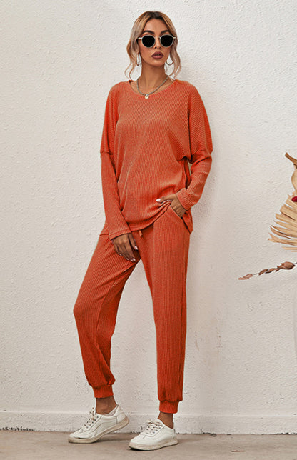 Lounge Set- Ribbed Loungewear Set Pants + Crew Neck Long Sleeve Sweater- Orange- Pekosa Women Clothing