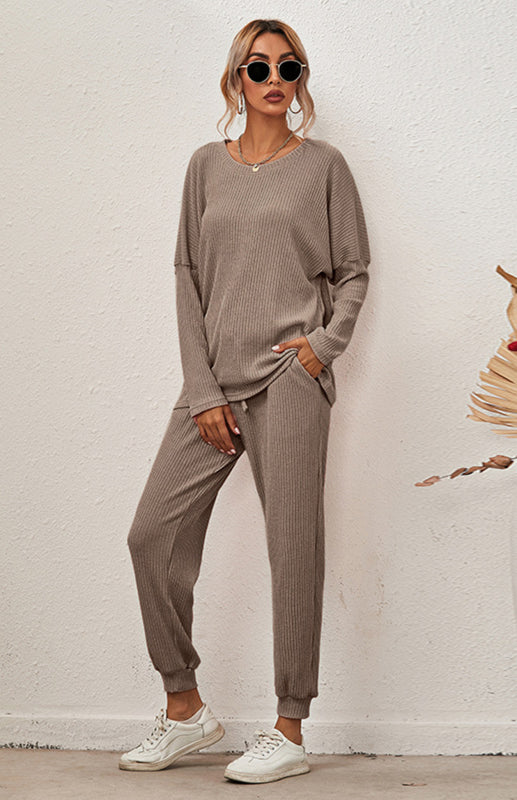 Lounge Set- Ribbed Loungewear Set Pants + Crew Neck Long Sleeve Sweater- - Pekosa Women Clothing