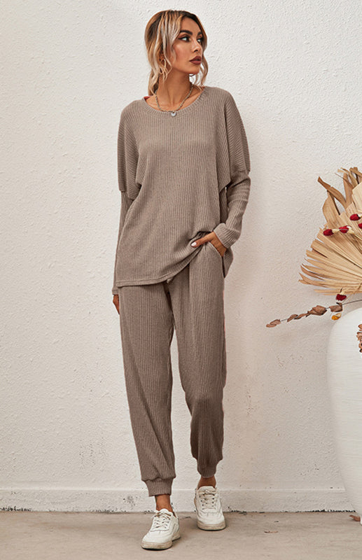 Lounge Set- Ribbed Loungewear Set Pants + Crew Neck Long Sleeve Sweater- - Pekosa Women Clothing