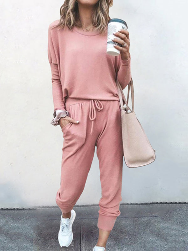 Lounge Set- Soft Lounge Cotton Blend Pants and Long Sleeve T-Shirt 2-Piece Set- Pink- Pekosa Women Clothing