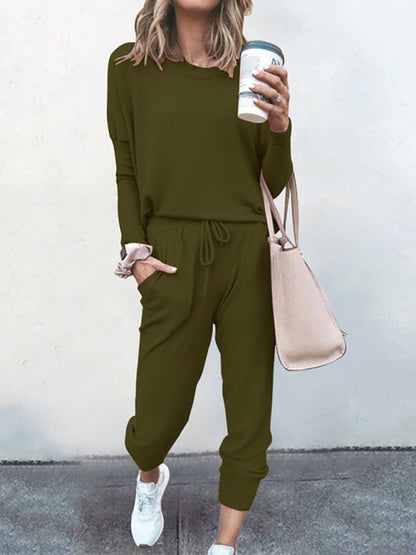 Lounge Set- Soft Lounge Cotton Blend Pants and Long Sleeve T-Shirt 2-Piece Set- Olive green- Pekosa Women Clothing