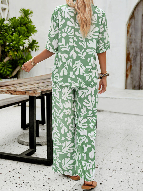 Lounge Set- Tropical Casual 2-Piece Shirt and Pants Vacation Set- - Pekosa Women Clothing