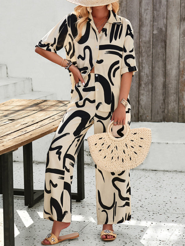 Lounge Set- Tropical Casual 2-Piece Shirt and Pants Vacation Set- - Pekosa Women Clothing