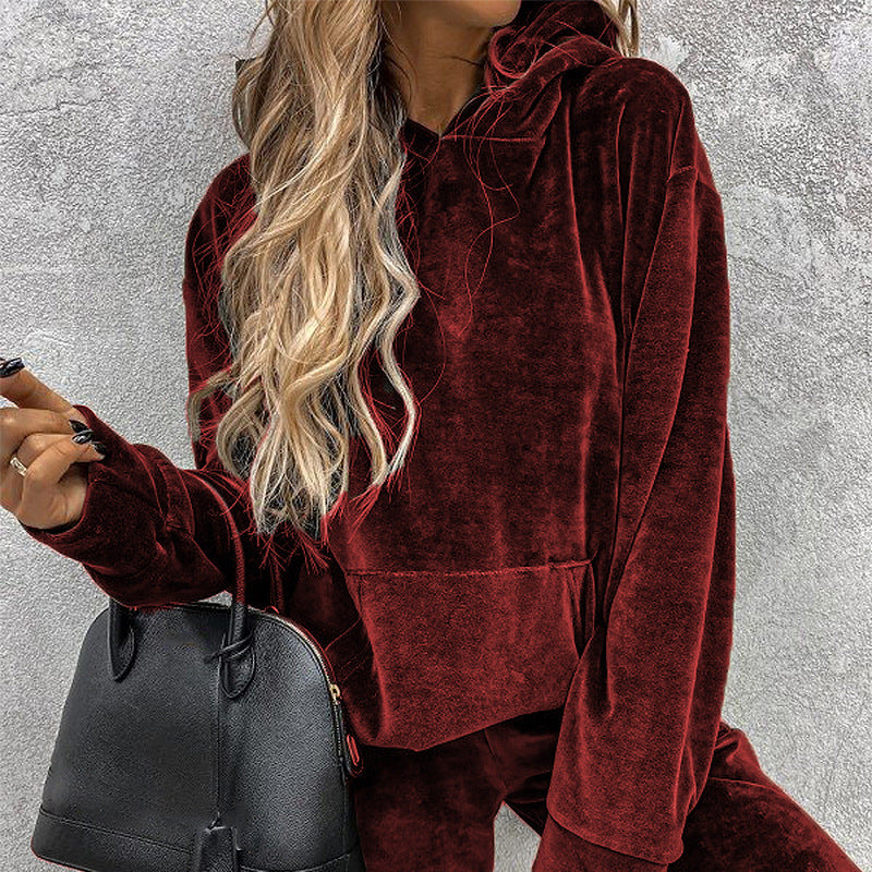 Lounge Set- Velour Lounge Velvet Couture Pants and Hooded Pullover Set- - Pekosa Women Clothing