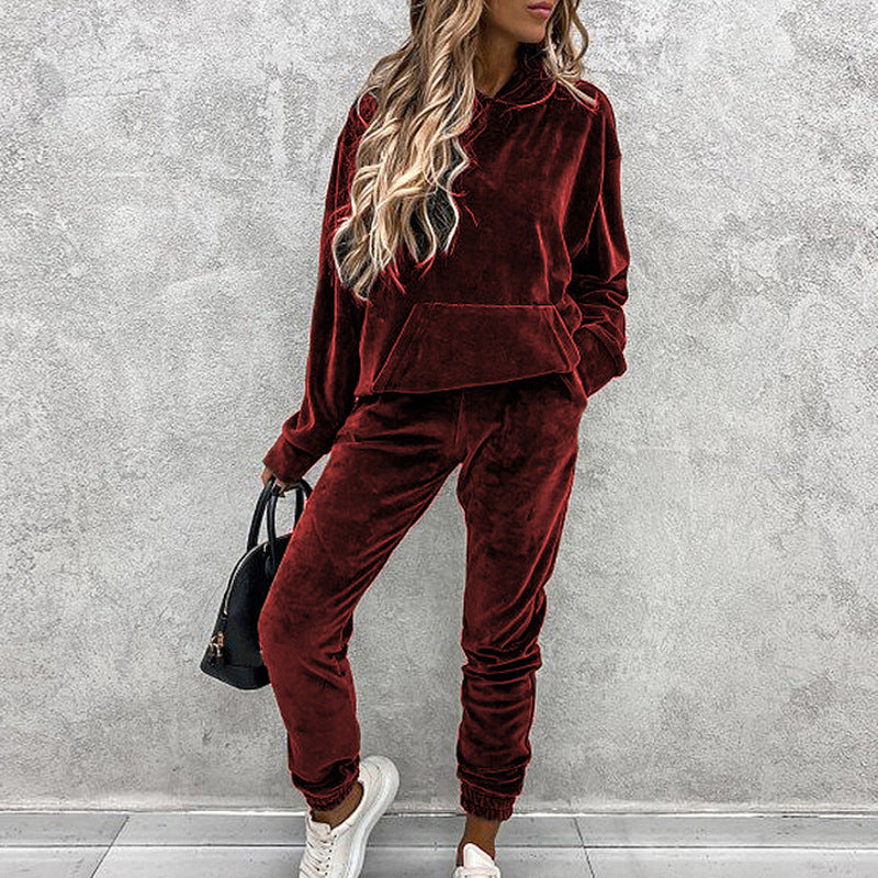 Lounge Set- Velour Lounge Velvet Couture Pants and Hooded Pullover Set- - Pekosa Women Clothing