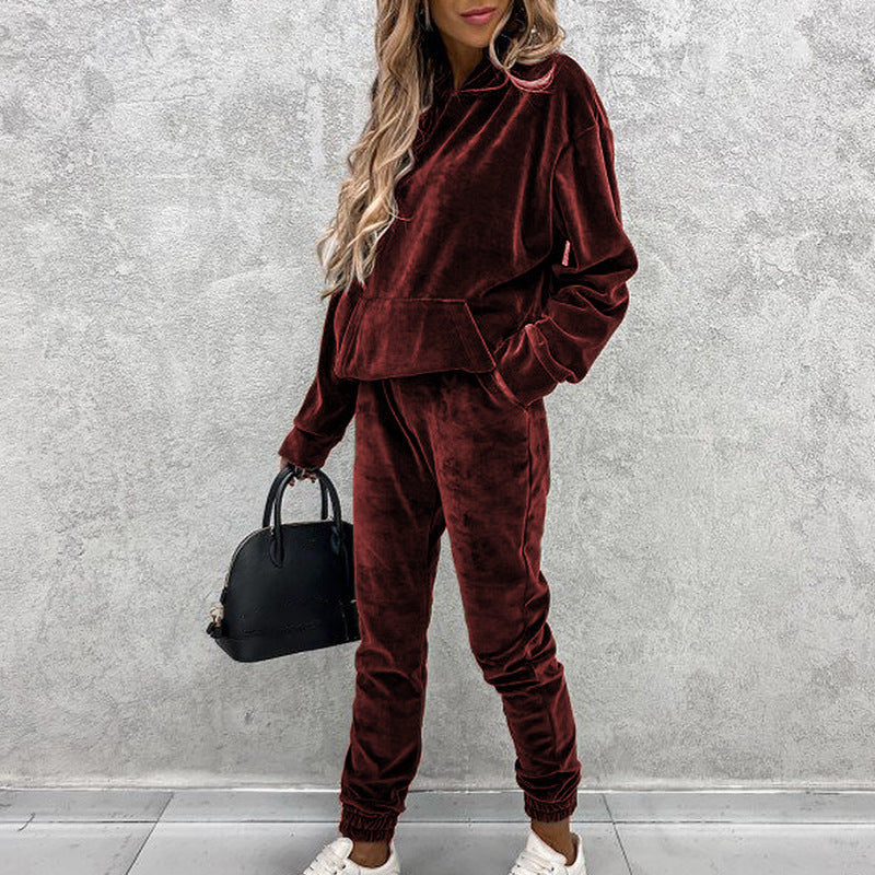 Lounge Set- Velour Lounge Velvet Couture Pants and Hooded Pullover Set- - Pekosa Women Clothing