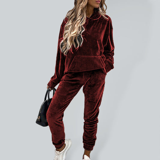 Lounge Set- Velour Lounge Velvet Couture Pants and Hooded Pullover Set- Wine Red- Pekosa Women Clothing