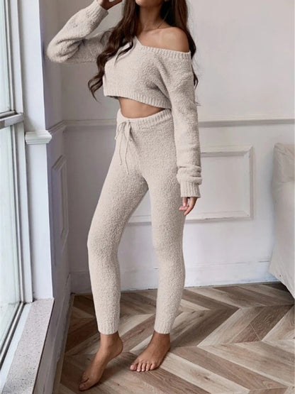 Lounge Suit- Knit Plush Lounger Crop Sweater and Pants Duo- Cracker khaki- Pekosa Women Clothing