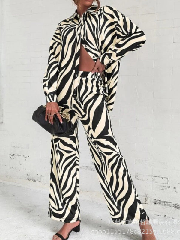 Loungewear- 2 Piece Loungewear Set in Zebra Print - Shirt & Pants- - Pekosa Women Clothing