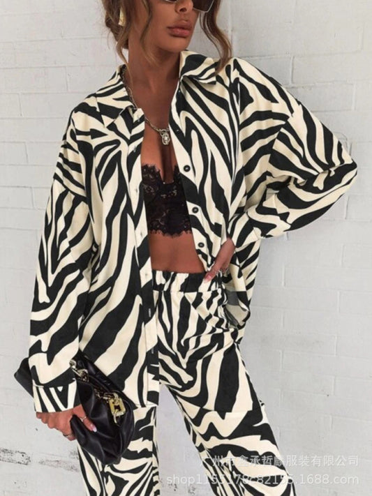 Loungewear- 2 Piece Loungewear Set in Zebra Print - Shirt & Pants- Black- Pekosa Women Clothing