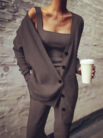 Loungewear- 3-Piece Ribbed Knit Loungewear - Cami & Pants & Button-Up Cardigan- Coffee- Pekosa Women Clothing