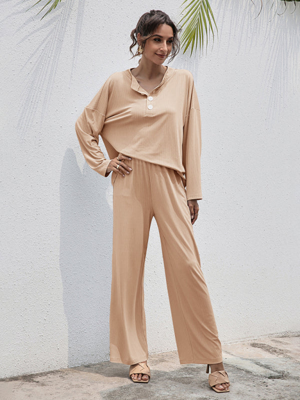 Loungewear- Casual Lounge Ribbed 2-Piece Set - Long Sleeve T-Shirt and Relaxed Pants- Khaki- Pekosa Women Clothing