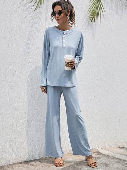 Loungewear- Casual Lounge Ribbed 2-Piece Set - Long Sleeve T-Shirt and Relaxed Pants- - Pekosa Women Clothing