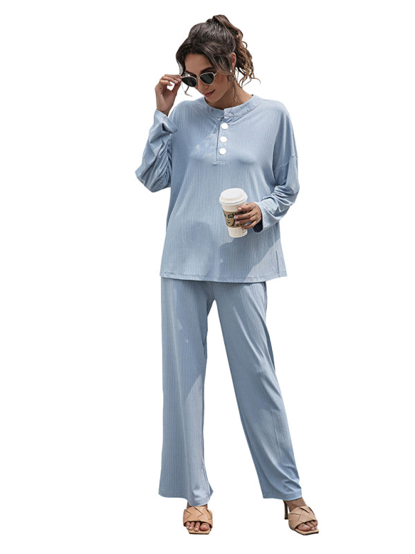 Loungewear- Casual Lounge Ribbed 2-Piece Set - Long Sleeve T-Shirt and Relaxed Pants- - Pekosa Women Clothing