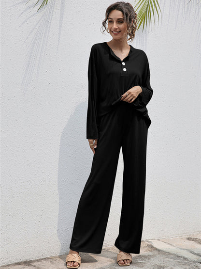 Loungewear- Casual Lounge Ribbed 2-Piece Set - Long Sleeve T-Shirt and Relaxed Pants- Black- Pekosa Women Clothing