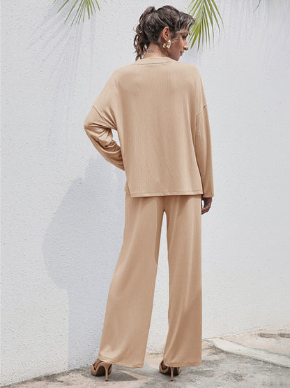 Loungewear- Casual Lounge Ribbed 2-Piece Set - Long Sleeve T-Shirt and Relaxed Pants- - Pekosa Women Clothing