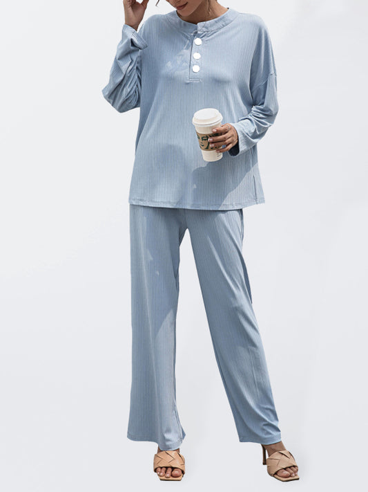 Loungewear- Casual Lounge Ribbed 2-Piece Set - Long Sleeve T-Shirt and Relaxed Pants- Clear blue- Pekosa Women Clothing