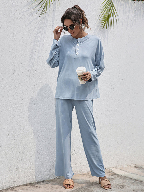 Loungewear- Casual Lounge Ribbed 2-Piece Set - Long Sleeve T-Shirt and Relaxed Pants- - Pekosa Women Clothing