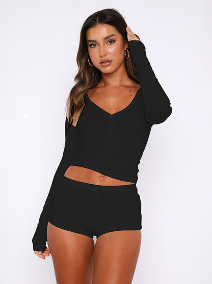 Loungewear- Easy Lounging Long Sleeve Tee & Comfy Boyshorts 2-Piece Set- - Pekosa Women Clothing