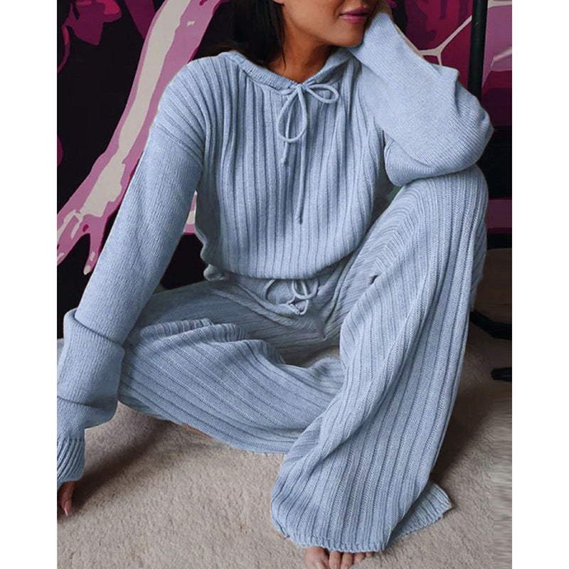 Loungewear- Essential Ribbed 2-Piece Loungewear - Cotton Blend Hooded Pullover and Pants- Sky blue azure- Pekosa Women Clothing