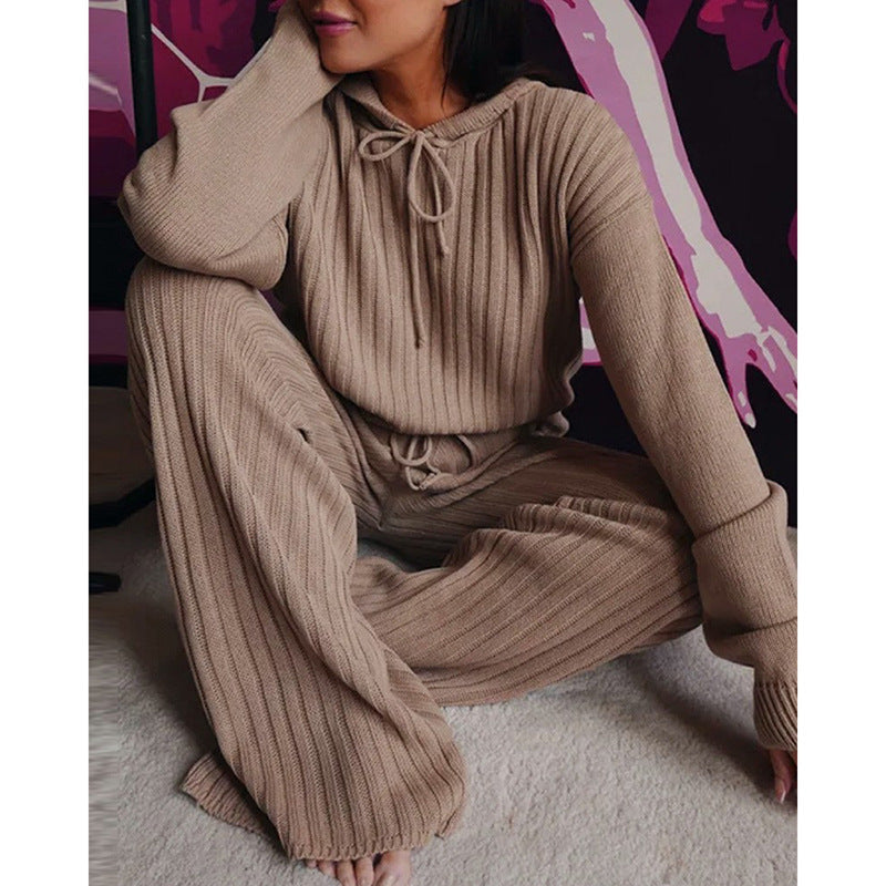 Loungewear- Essential Ribbed 2-Piece Loungewear - Cotton Blend Hooded Pullover and Pants- Coffee- Pekosa Women Clothing