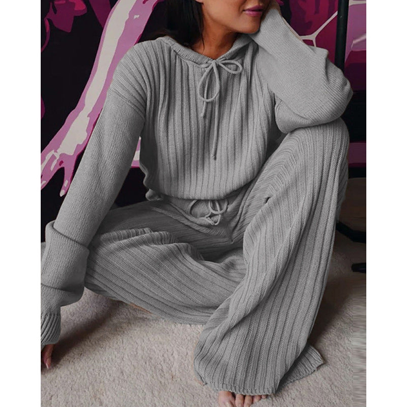 Loungewear- Essential Ribbed 2-Piece Loungewear - Cotton Blend Hooded Pullover and Pants- Grey- Pekosa Women Clothing