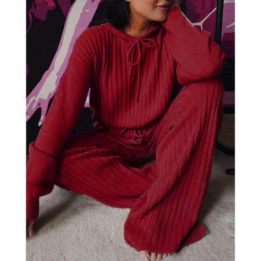Loungewear- Essential Ribbed 2-Piece Loungewear - Cotton Blend Hooded Pullover and Pants- Wine Red- Pekosa Women Clothing